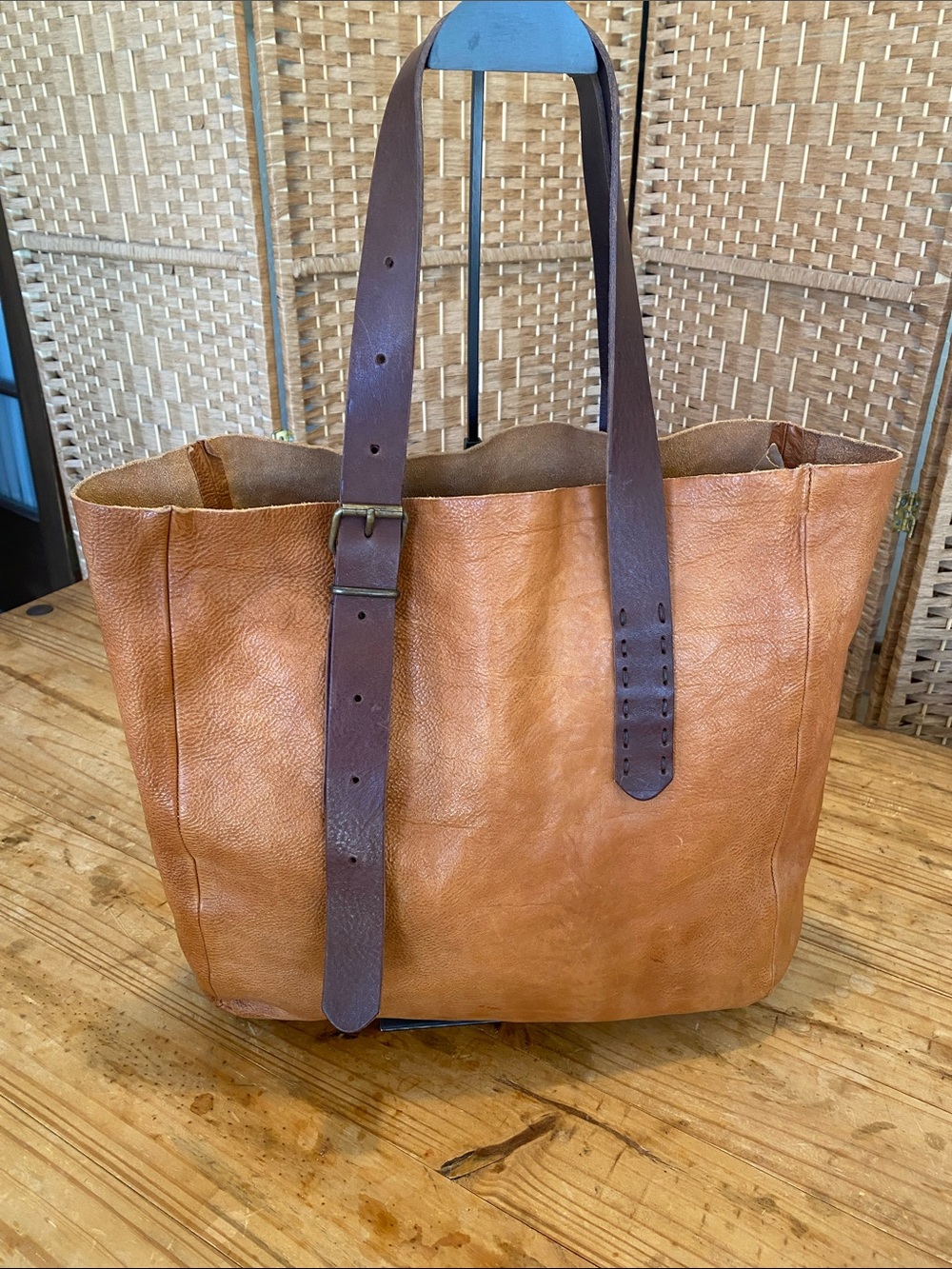 Everyday Genuine Leather Tote with Dark Brown Adjustable Straps - Tan